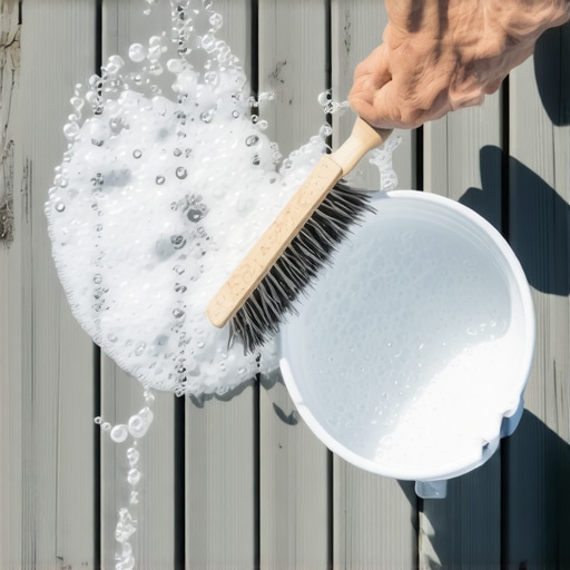 Close-up of cleaning composite decking with a soft brush and soapy water to avoid pressure washer damage.