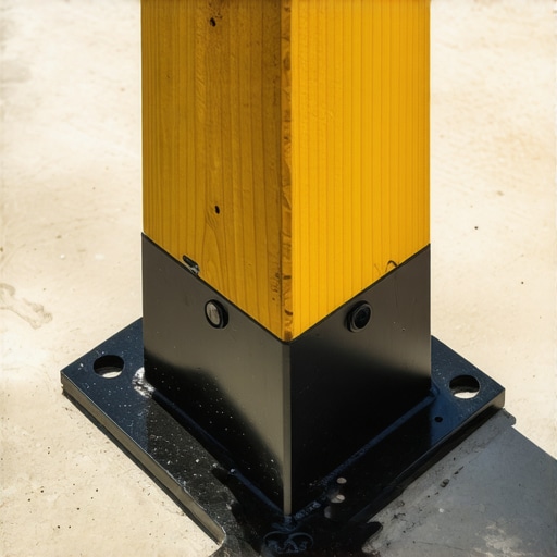 Heavy-Duty Black Powder-Coated Post Connector A black powder-coated steel connector anchoring a timber post to concrete