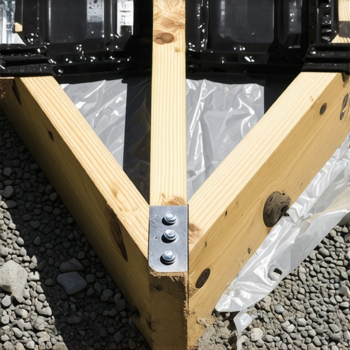 A low-profile deck frame showing hidden joist hangers and flashing tape for moisture protection.