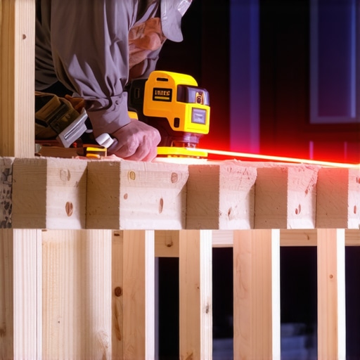 A contractor using a red laser level to ensure deck posts and joists are perfectly plumb and level.