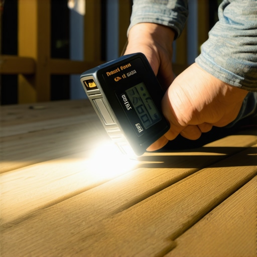 A person using a digital level and flashlight to check the structural integrity of a deck ledger board.