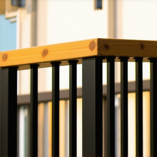 A black metal deck railing with a wooden top rail installed to reduce surface heat.