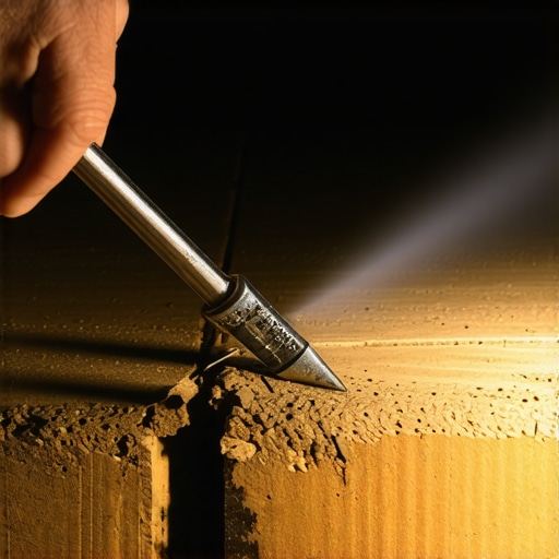 A homeowner using an ice pick to check a wooden deck joist for structural rot and soft spots.