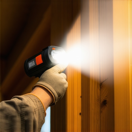 Night inspection of deck joists using a flashlight to find rot.
