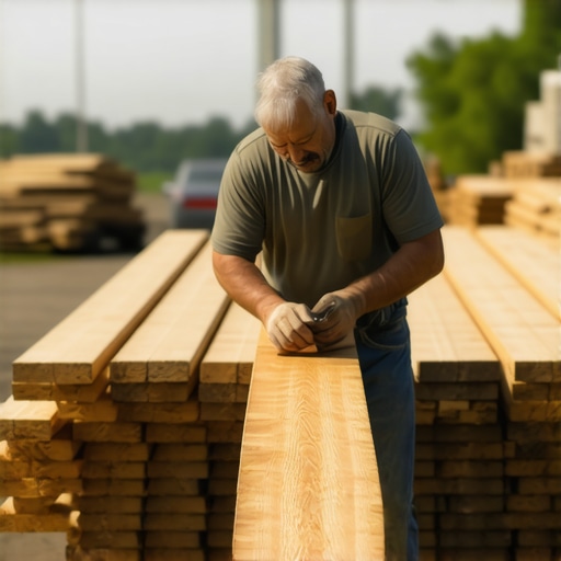 A close-up of a carpenter checking a cedar beam for straightness at a lumber yard.