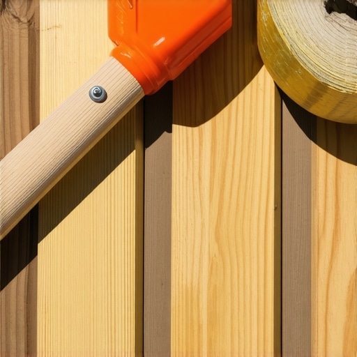 Close-up of stainless steel screws and joist tape on a deck frame near the ocean.