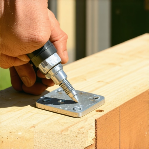 A close-up of a metal joist hanger being mounted flush to a wooden ledger board with proper fasteners.