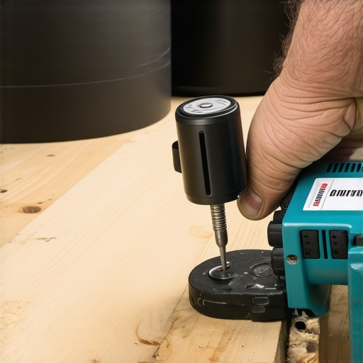 A carpenter using a screw jig and joist tape to fix a squeaky deck board.