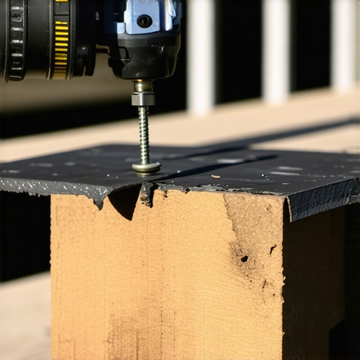 Close-up of an impact driver and structural screw on a laminated deck perimeter with flashing tape.