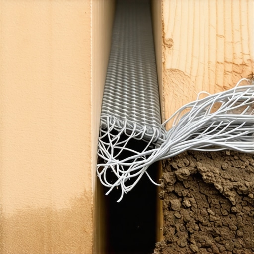 A person securing galvanized mesh wire to the bottom of a deck frame and burying it in a trench.