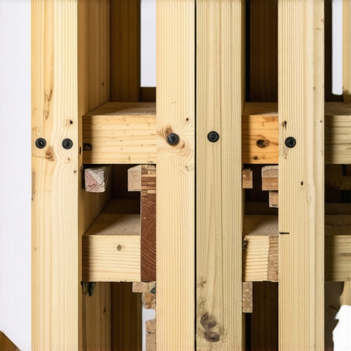 Installing solid blocking for deck stability A detailed view of wooden deck joists with structural blocking installed to prevent bouncing and twisting.