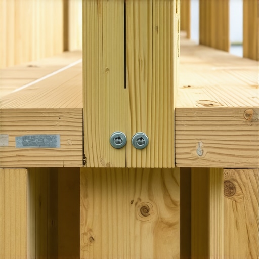 Close up of structural deck framing showing heavy duty blocking and joist tape for a sturdy railing post installation.