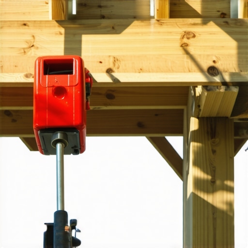 A hydraulic bottle jack and timber post supporting a sagging wooden pergola rafter during a structural repair.
