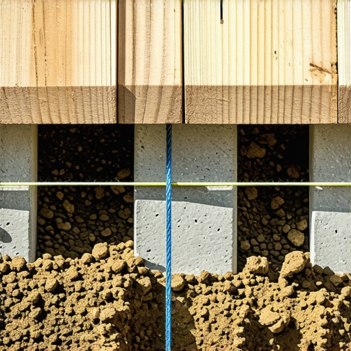 A worker using a string line to level a deck frame on sloped soil.