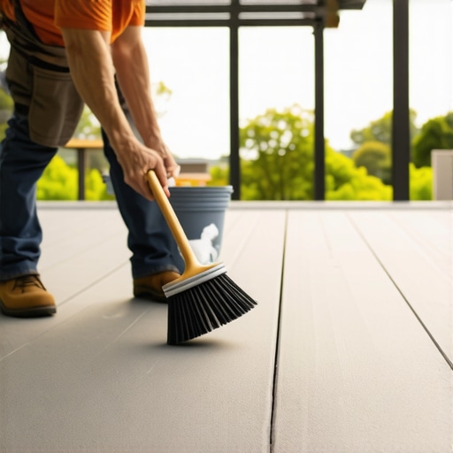 Person cleaning composite decking with a soft brush