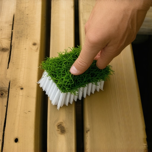 Manual Scrubbing to Remove Deck Moss Close-up of a brush scrubbing moss off a wooden deck surface.