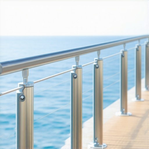 Close-up of 316 stainless steel deck hardware and cable railing on a coastal property.
