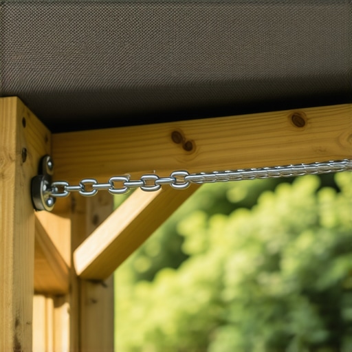 Marine Grade Stainless Steel Canopy Tensioner A high-quality stainless steel turnbuckle providing mechanical tension to a pergola canopy to prevent sagging.