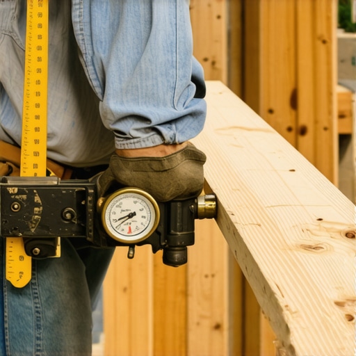 A builder marking out the rise and run on a wooden deck stair stringer.