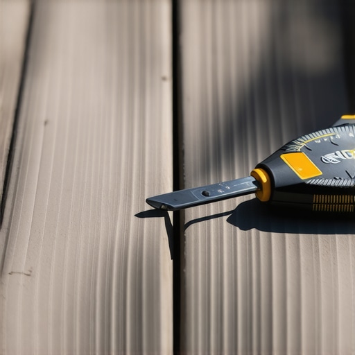 Close up of a composite deck board expansion gap measurement for proper installation.