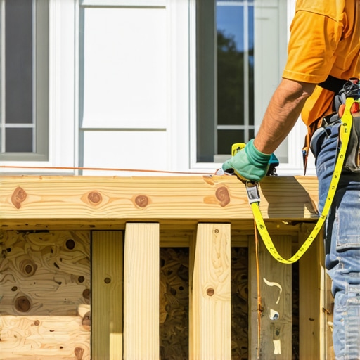 A contractor measuring the 1/4 inch per foot pitch on deck framing to ensure proper water drainage.