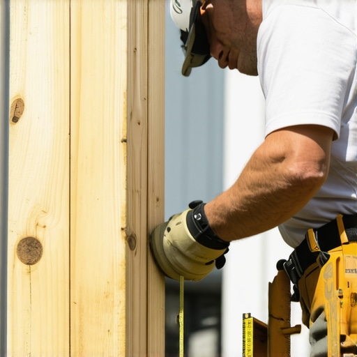 Measuring Plumb Bob Offset on Timber Post Contractor measuring distance from plumb bob string to timber post on patio