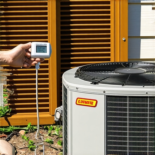 Measuring Screen Temperature with Infrared Thermometer A homeowner using an infrared thermometer on a cedar AC screen to check for heat buildup.