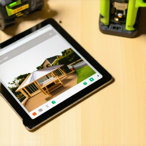 Professional 3D deck modeling software and laser leveling tools on a workbench.
