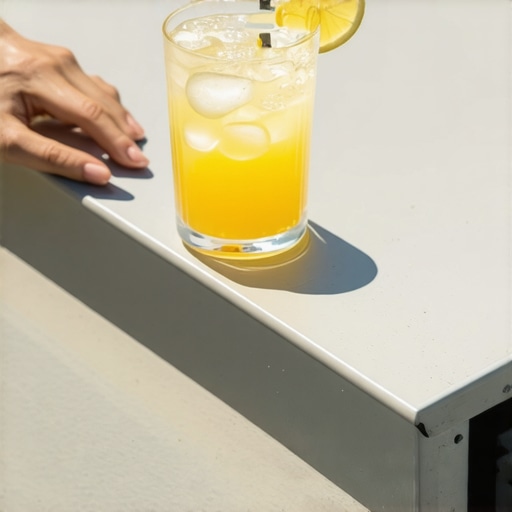 A hand resting on a cool composite cocktail rail cap with a drink sitting nearby on a sunny deck.