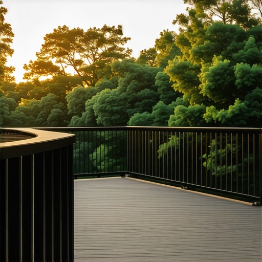 A dark bronze railing with cable infill framing a forest view.