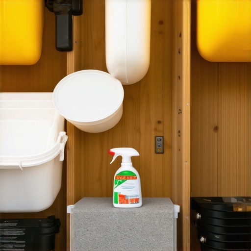 Under-deck storage area with tools organized in bins between joists.