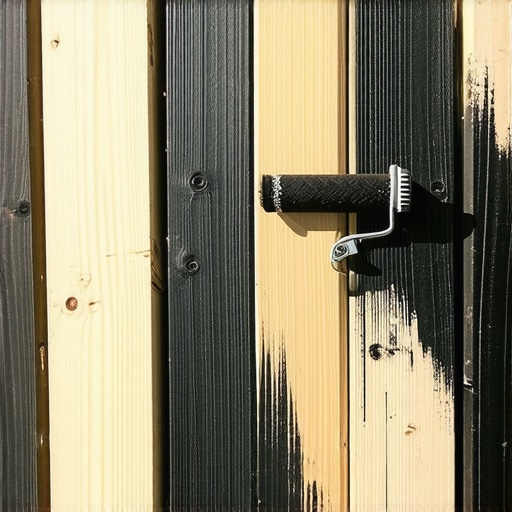 A worker using a mini roller to apply black stain to the top of pressure-treated deck joists to hide them under composite boards.