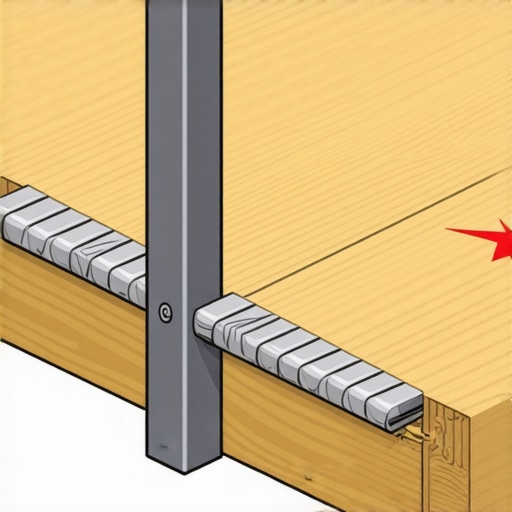 Close up of plastic shims being used to level a deck railing post on a sloped surface