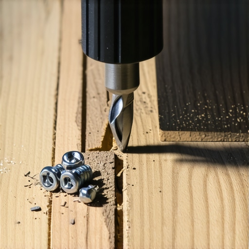 Close-up of a worker pre-drilling holes in dense hardwood decking to prevent screw breakage.