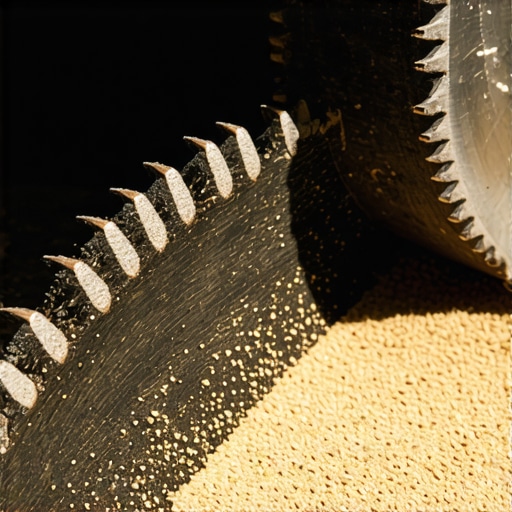 A professional carbide saw blade making a clean cut in dense Ipe hardwood