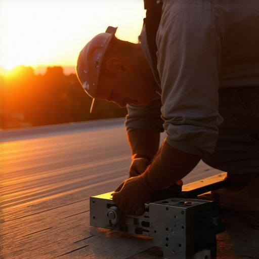 A builder using a laser level and screw jig for professional composite deck installation.