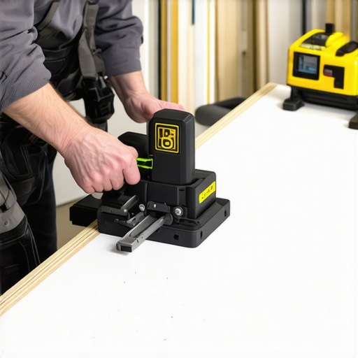 Close-up of a deck screw jig on composite decking with a laser level.