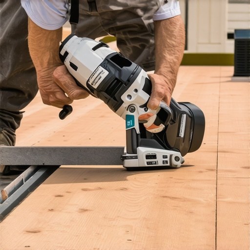 Close-up of a depth-control jig being used on composite decking for consistent screw depth.