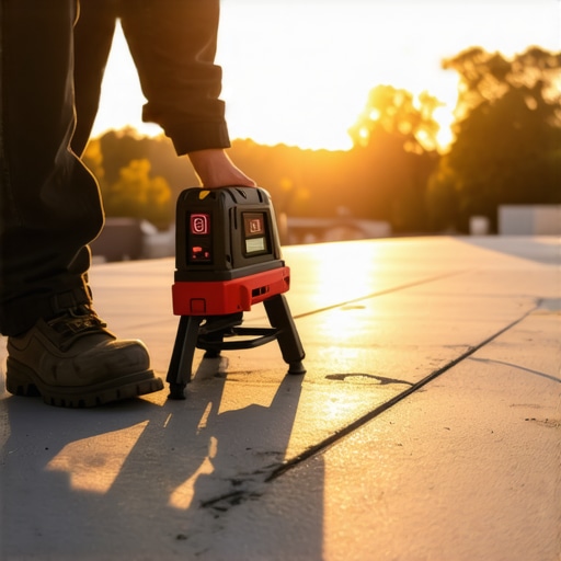Professional contractor using laser level on deck frame