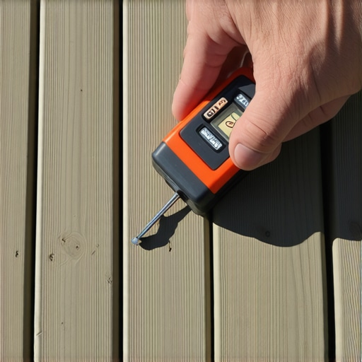 Using a moisture meter on deck boards to prevent rot and warping.