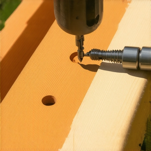 Close-up of a worker using a drill guide on a composite deck railing for centered holes.