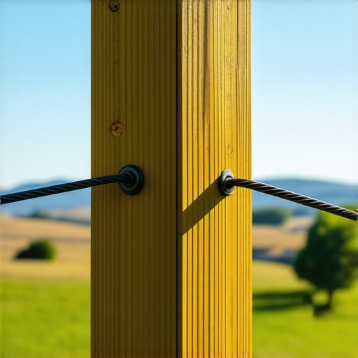 Close-up of stainless steel cables passing through a wooden deck post