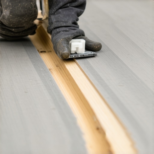 Close-up of a spacer being used between composite deck boards to manage thermal expansion.
