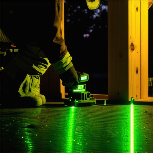 Professional green laser level projecting a line on a deck post for perfect height alignment.
