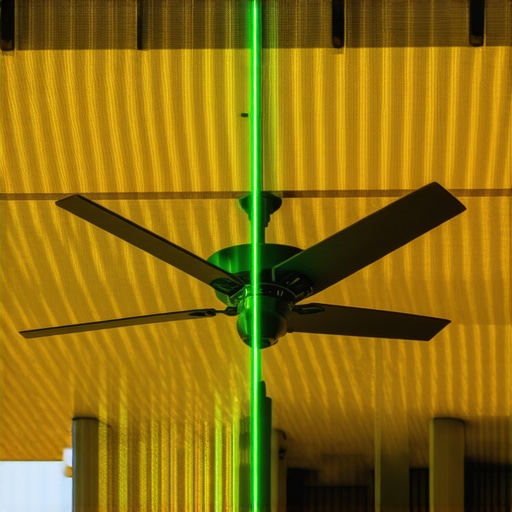 A green laser level aligning a fan mounting block on timber pergola rafters.