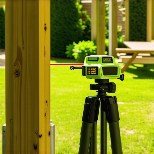 Using a rotary laser level to establish a master height on cedar pergola posts for a DIY backyard project.