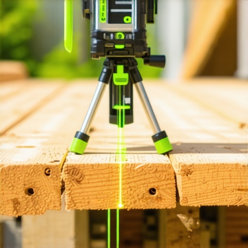 A contractor using a green beam laser level to align deck joists for a composite decking project.