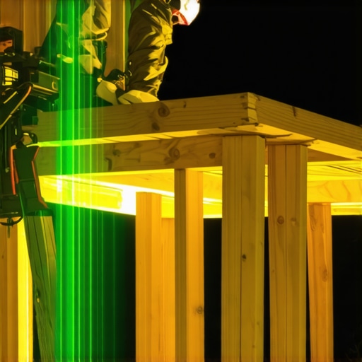 Contractor using a Stabila laser level to align deck posts for a pergola installation.