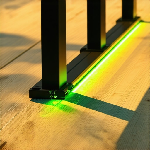 Precision Railing Alignment with Laser Level A green beam laser level projecting a line across deck railing posts for perfect alignment
