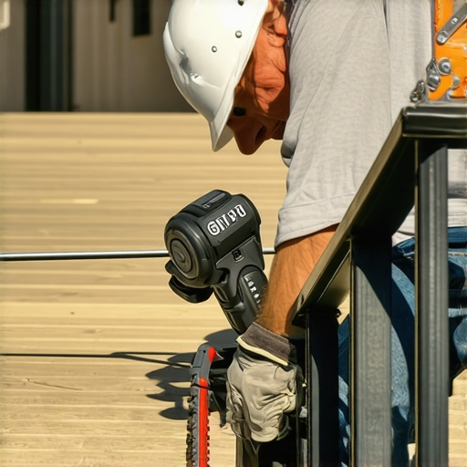 Professional contractor adjusting cable railing tension on a modern deck